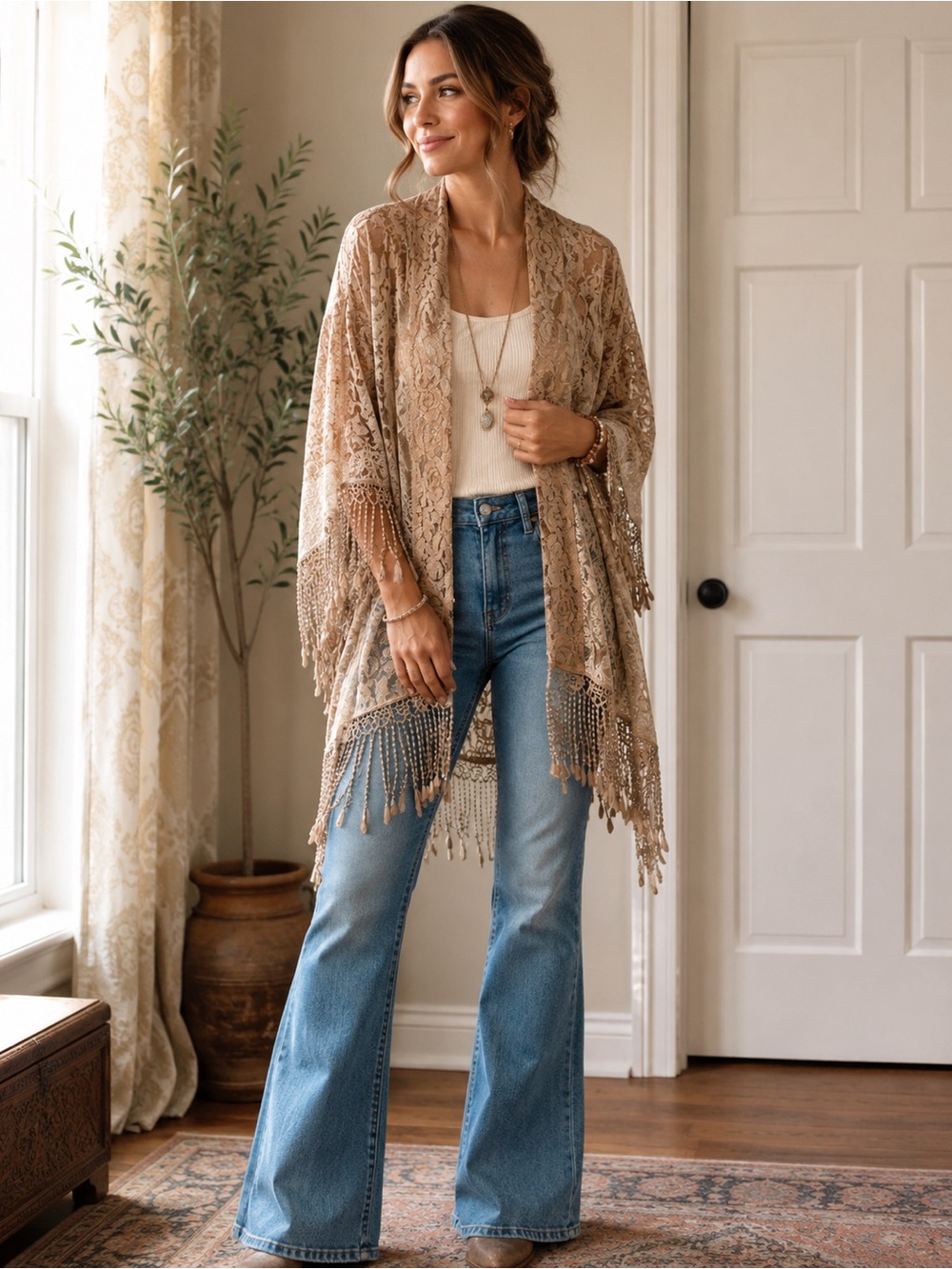 Lace Fringe Kimono Beige L  Boho Western Chic festival cottagecore